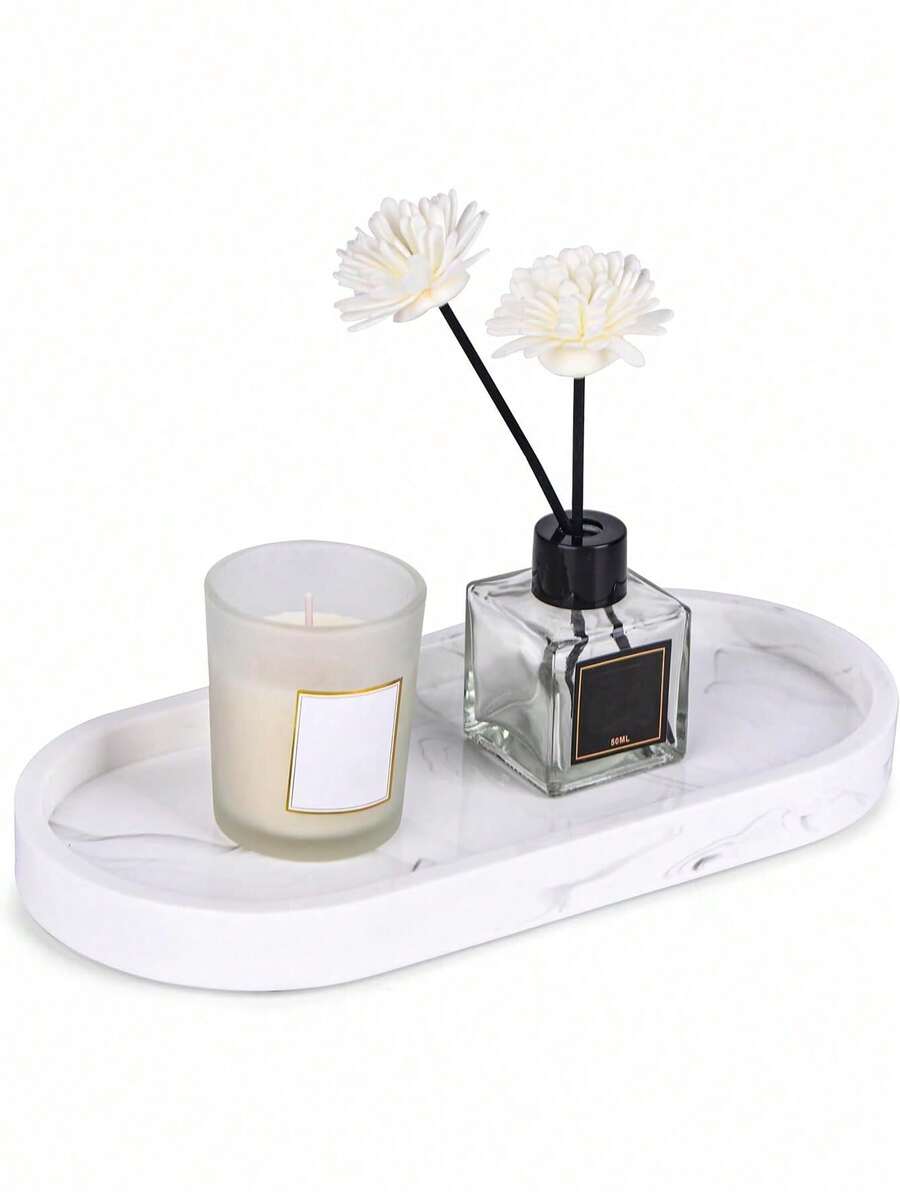 3M 1pc Marble White Oval Tray, Bathroom Vanity Tray, Kitchen Soap Holder, Perfume Candle Jewelry Organizer For Countertop Or Sink Home Bathroom Decor Bathroom Organizer Fall Decor Makeup Organizer Back To School - 彩色 - 查看 1