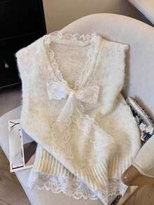 女士马海毛蕾丝无袖上衣 | 浪漫蝴蝶结镂空针织衫 | 优雅叠穿单品，适合休闲和约会穿着 - 暖杏色 - 查看 2