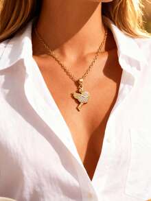 This Elegant, Exquisite, And Adorable Angel Pendant Necklace, Adorned With Diamonds, Is Made Of Stainless Steel And Features A Winter Christmas Design. Perfect For Everyday Wear, Outdoor Activities, Or Shopping. - Gold - View 4