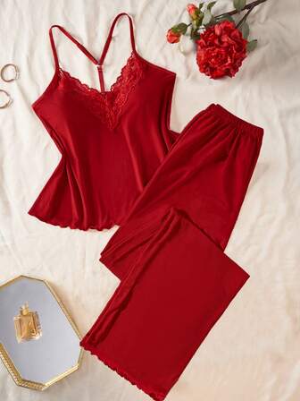 2 Pcs Women's Sexy Lingerie Set Solid Color Backless Top With Adjustable Straps & Comfortable Stretch Pants Lace-Trimmed Home Sexy Pajama Set