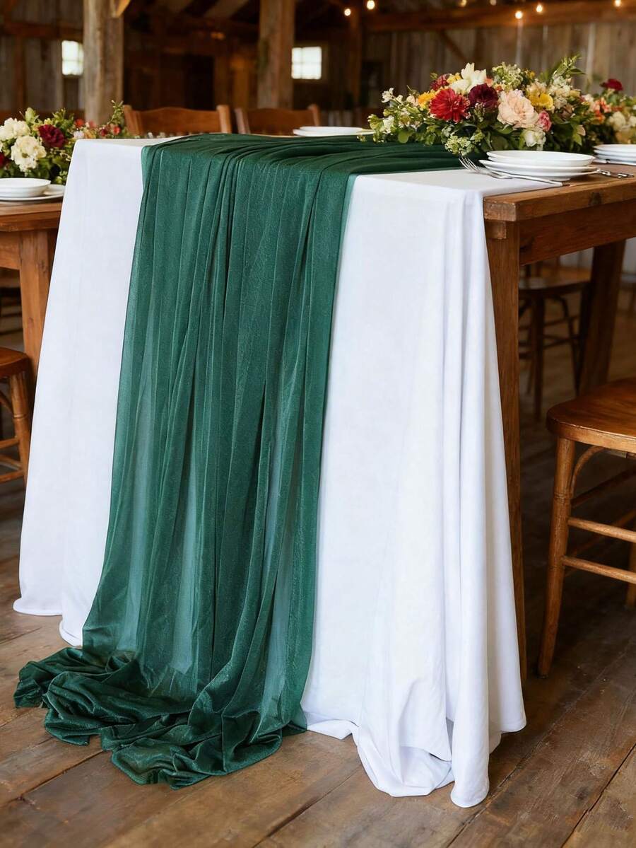 Elegante camino de mesa con brillo verde oscuro, largo camino de mesa de boda estilo bohemio de gasa, bufanda de mesa transparente ligera, adecuado para boda, Navidad, ducha nupcial, ducha de bebé, cumpleaños, fiesta, vacaciones, decoración de mesa de comedor - Verde Oscuro - Ver 1