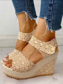 Women's Lace Wedge Sandals: Elegant Bohemian Shoes Suitable For Summer And Daily Styles, Comfortable Lace Wedge Sandals: Black/Beige Shoes - Beige - View 4