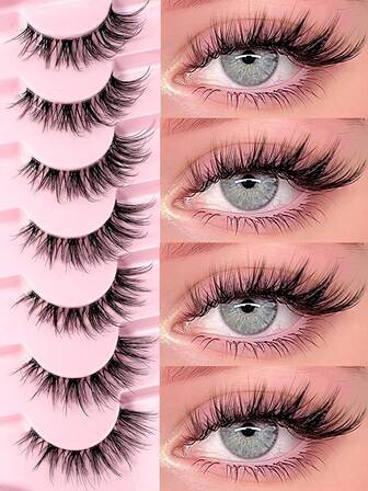 7 Paar natürlich aussehende Wimpern, bequem, klares Band, transparenter Stiel wiederverwendbar, flauschig, verwischt und weiche Kunstwimpern wiederverwendbar, Make-up Verlängerungen, Fake Wimpern für Anfänger-freundliche Wimpernstreifen, Wimpern, Kunstwimpern, Fake Wimpern