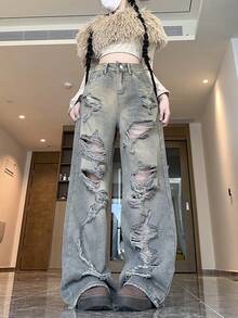 破洞牛仔阔腿宽松裤 - 復古色 - 查看 2