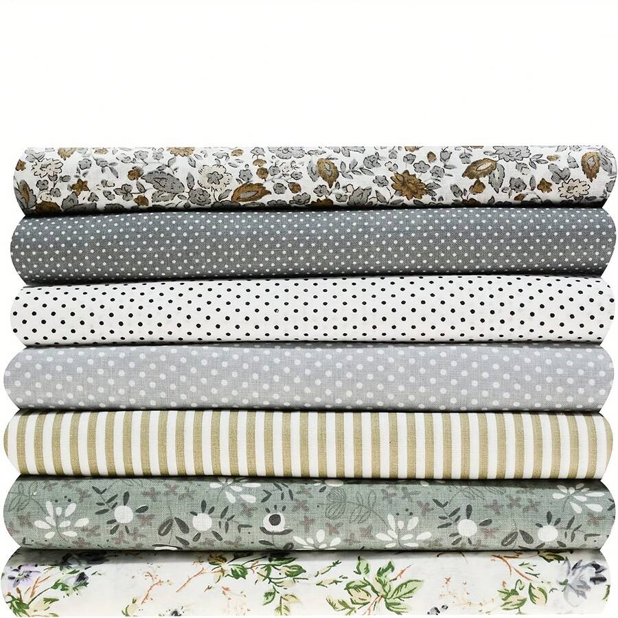 7pcs/Set Cotton Printed Fabric Bundles, Pre-Cut Fabric Squares Suitable For Quilting, Sewing, And DIY Craft Patchwork Accessories - Grey - View 1
