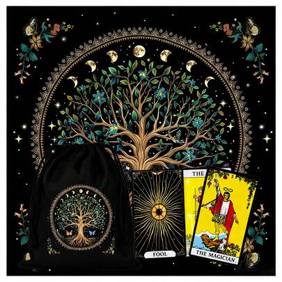 1 pieza Mantel de tarot del Árbol de la Vida encantador con bolsa de tarot - Tapete de altar de poliéster vibrante con diseño celestial y floral para lectura de tarot, brujería y astrología, mantel de tarot Boho Playmat Cloth para decoración del hogar
