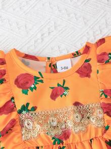 Baby Floral Rose Print Dress With Headband Set - Orange - View 6