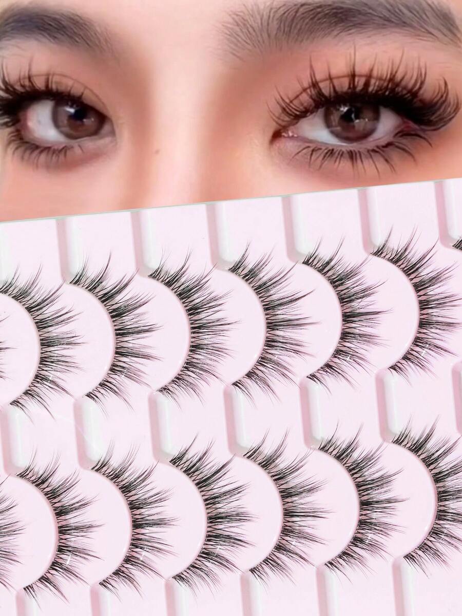 7 Pairs Natural Style False Eyelashes, Cartoon Style False Eyelashes, 15mm Natural Criss-Cross False Eyelashes, Suitable For Daily Wear, Travel Essential False Eyelashes - Black - View 1