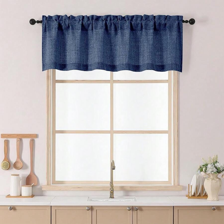 Chyhomenyc Navy Blue Valance For Windows, Light Filtering Faux Linen Slub Textured Small Kitchen Valance, Rod Pocket Top Window Short Curtain For Bathroom Basement Farmhouse, 60Wx18L Inch,60inchWx18inchL(Packof1),NavyBlue - 海軍藍 - 查看 1