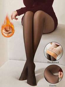 1pc 220g/80g Thick Warm Tights, Women's High Elasticity, Semi-Sheer, High Waist, Autumn/Winter Leggings - Black - View 1