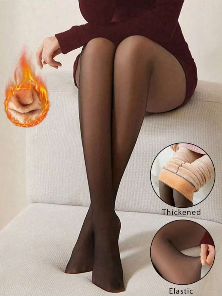 1pc 220g/80g Thick Warm Tights, Women's High Elasticity, Semi-Sheer, High Waist, Autumn/Winter Leggings - Black - View 1