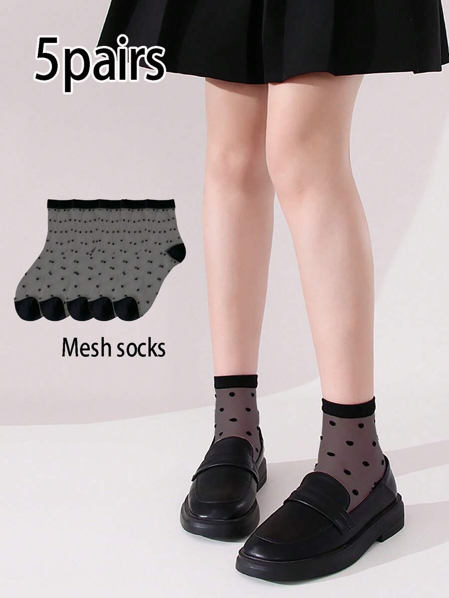 5 pares de calcetines cortos transpirables y transparentes con lunares lindos para niñas, de material de malla ligero, adecuados para el uso diario de niñas en primavera/verano - Negro - Ver 1