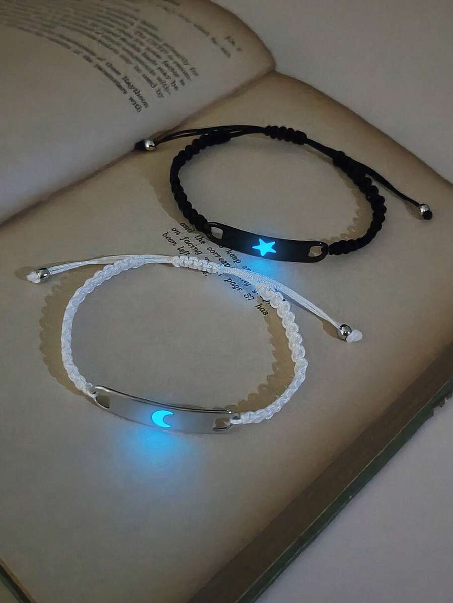 ATLVXJL 2pcs/Set Luminous Couple/Friendship Starry Night Stainless Steel Pendant Adjustable Cord Bracelet Set, Suitable For Daily Wear And Holiday Gift