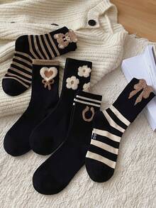 4双装女士可爱小熊、爱心、花朵、蝴蝶结图案中筒袜，时尚舒适，颜色随机，四季皆宜。 - 彩色 - 查看 8