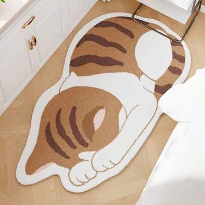 1pc Brown & White Cat Shaped Soft, Durable Striped Mat, Suitable For Living Room Or Office Decor, Great For Indoor Spaces, Minimalist Style, Decorative Rug, Bedroom Decor, Small Rug, Carpet, Home Decor, Living Room Rug, Small Living Room Rug, Bedroom Rug, Living Room Home Decor, Outdoor Rug, Washable Rug, Plush Rug, Thick Rug, Fluffy Rug, Autumn/Winter Rug, Thick Rug