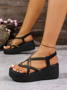 Plus Size Women's Unique Design Gold-Edged Non-Monotonous Textured Leather-Feel Insole Non-Slip Elastic Band Easy Slip-On Thick Polyurethane Sole Lightweight Comfortable For Long Wear, Thong Strap Summer Breathable Fashionable, Suitable For Casual, Vacation, Party, Commuting, Versatile Sandals For Spring/Summer - Black - View 5