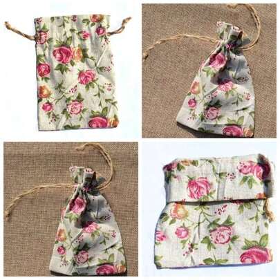 Bolsa de productos de algodn orgnico, bolsa de almacenamiento de adorno de joyera de regalo de 10 piezas con cordn de lino impreso1