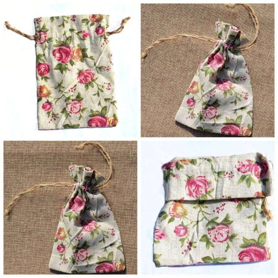 Bolsa de productos de algodn orgnico, bolsa de almacenamiento de adorno de joyera de regalo de 10 piezas con cordn de lino impreso1 - [Color 1, Color 2, Color 3, Color 4, Color 5, Color 6, Color 7] - Ver 1