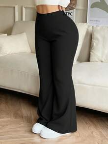 1件装女士加大码喇叭瑜伽裤，高腰显瘦靴型裤，时尚修身休闲打底裤 - 黑色 - 查看 6