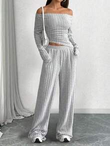 Knitted Slim Fit Suit Set, Dark Grey Casual Women Outfits Winter Outfit For Women