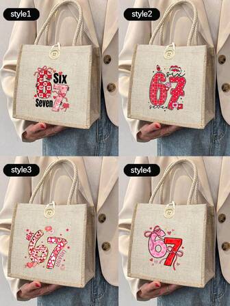 1 st 67 Six Seven tryckt linneväska, rolig Six Seven Alla hjärtans dag-handväska med rosett, återanvändbar tryckt tygväska för kvinnor, shoppingväska med dubbla handtag, axelväska med stor kapacitet, avslappnad tygväska, julförvaringsväska, lämplig för pendling, skola och shopping, bekväm för utomhusbruk, perfekt present till henne, perfekt val för semester och festival, alla hjärtans dag-sublimering, V-dagen