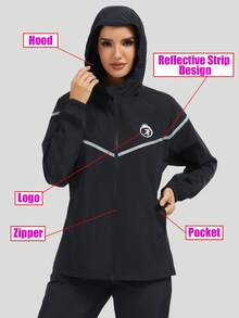 Women's Raincoat, Waterproof Hooded Windbreaker, Lightweight Outdoor Travel Jacket - Black - View 5