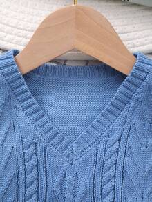 Boys' Collegiate Style Solid Color Cable Knit Sweater Vest - Blue - View 3
