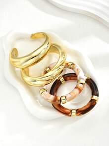 11/7/4件套复古优雅休闲度假风女士CCB和亚克力开口手镯，花朵珍珠设计金属戒指套装，适合女士日常、派对和节日佩戴的珠宝套装 - 金色38 - 查看 3