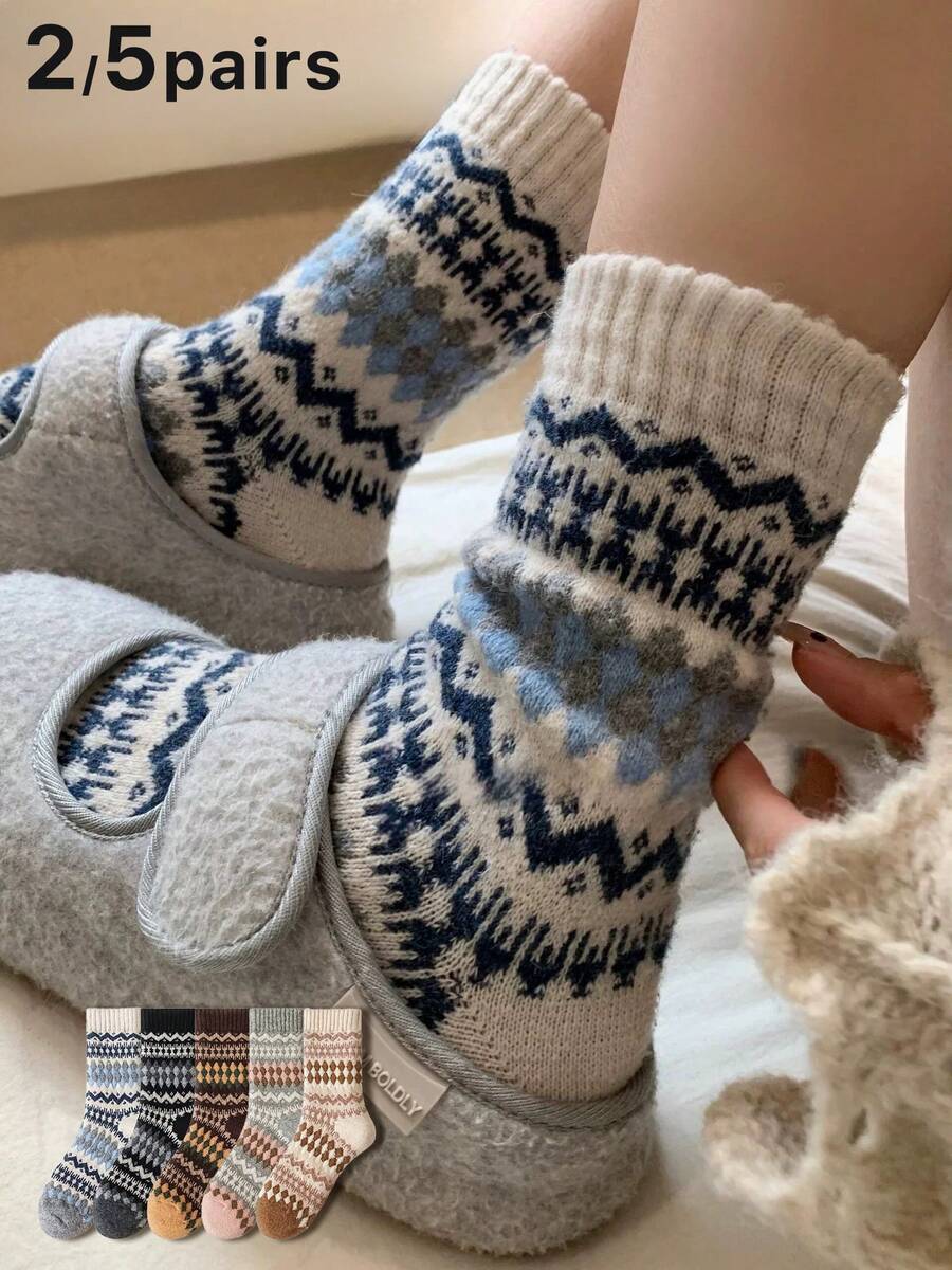 2/5双装女士多色组合袜子，菱形印花和费尔岛雪花图案，仿羊毛针织面料，加厚款，适合秋冬季节，男女皆宜，复古水手袜，适合居家、通勤、上学、约会、节日礼物 - 彩色 - 查看 1