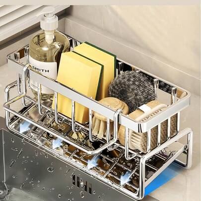 1个不锈钢厨房水槽收纳架，加厚防锈设计，带集成海绵架 - 黑色节省空间台面碗碟晾干架，适用于水槽、抹布、刷子 - 紧凑型厨房收纳架，适合小空间，带毛巾杆的水槽置物架，厨房水槽架，不锈钢水槽收纳架