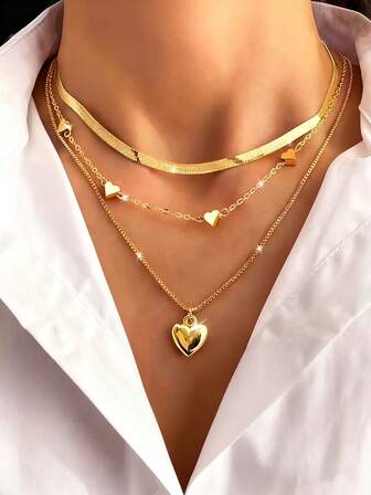 3 Pieces Set Multi-Layered Heart Snake Bone Necklace – Stylish And Elegant Design, Perfect For Casual Wear And Wedding Accessories, Ideal Gift For Best Friends And Classmates, Long Spiral Pendant Women's Jewelry