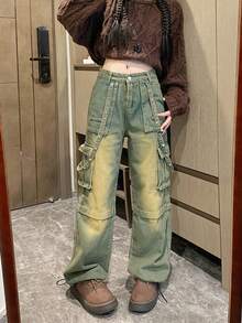 Straight Loose Wide Leg Jeans, High Street Design Cargo Pants For Women - Retro Blue - View 2