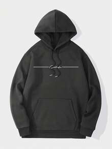 Zrgoth Men's Casual Street Floral Font Slogan "Grateful" Minimalist Print Fleece Hoodie, Autumn/Winter - Dark Grey - View 5