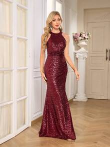 CEILIM 1pc Shiny Elegant Basic Romantic Polyester High Slit Sleeveless Maxi Dress, Suitable For Party, Wedding, Holiday, Cocktail, All Seasons - Burgundy - View 2