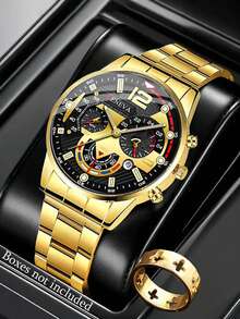 6件套合金表盘时尚商务男童石英表，带日历功能和镂空十字戒指，适合日常商务、聚会、学校、街头拍摄等场合。 - 彩色 - 查看 4