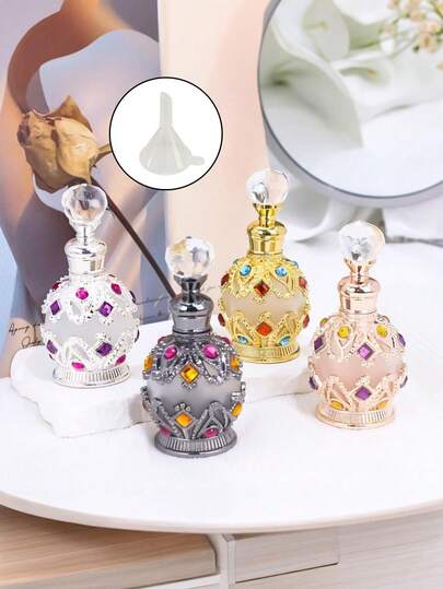 15ml Botella de fragancia de cristal esmaltado vintage y redonda, botella de aromaterapia de alta gama, recipiente recargable para aceites esenciales, pequeña botella de aromaterapia recargable, estilo árabe, esencial para viajes de vacaciones, botella para descarga de fragancias y aceites esenciales, regalo para ella, regalo del Día de San Valentín (solo la botella), adecuado para la decoración de la sala de estar, el dormitorio, el salón, cumpleaños, graduación, regalo de Eid Al-Fitr