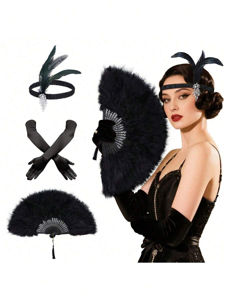 3/2/1 Set 1920s Flapper Accessories - Feather Fan, Headband And Gloves Set, Suitable For Vintage Weddings, Dance Costumes, Themed Outfits (Black) - Multicolor - View 1