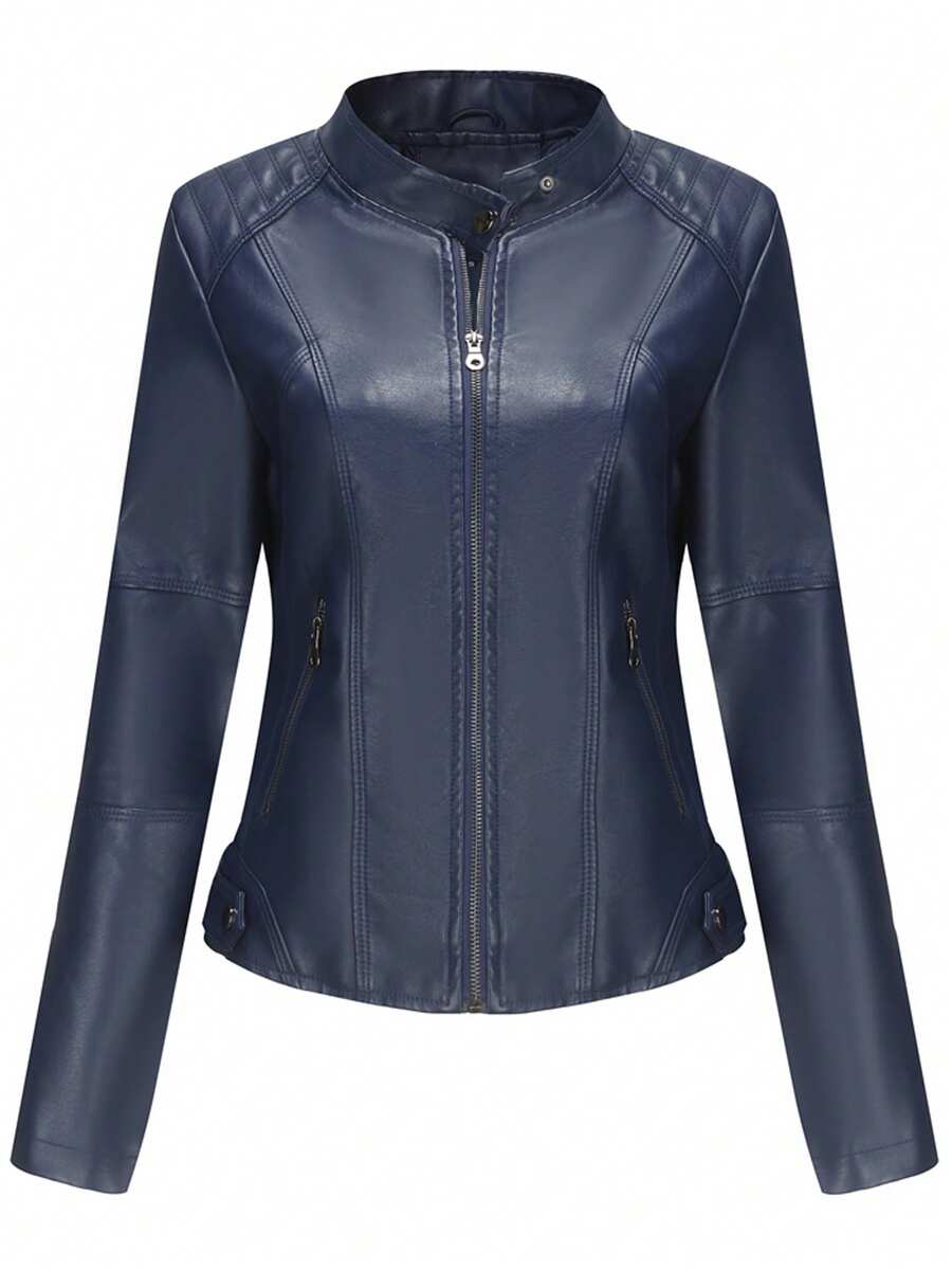 Áo khoác da giả dáng ôm dành cho nữ, Áo khoác mô tô mỏng, Cổ đứng, Áo khoác ngoài Xuân/Thu