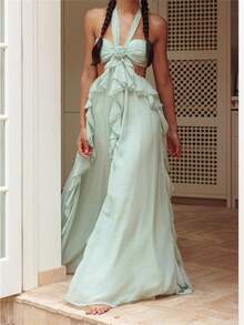 Women's Cutout Ball Gown Sleeveless Tie Back Solid Color Ruffle Long Dress Summer Party Dress - Green - View 1