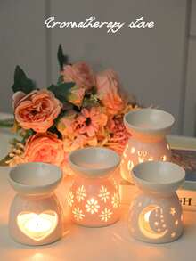 2.7" X 3.4" Delicate Mini Ceramic Hollow Floral, Heart, Moon & Star Shaped Aromatherapy Candle Holder, Fragrance Oil Diffuser Burner, Suitable For Home, Valentine's Day, Party, Halloween, Holiday, Autumn, Winter, Decoration, Gift - White - View 4