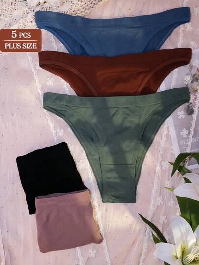 5pcs/Pack Plus Size Women's Sexy Panties, Basic Solid Color Comfortable Knitted Low Waist Soft Thong, Suitable For All Seasons And Daily Wear
