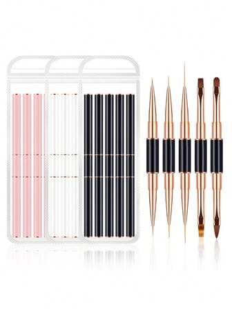 5-Piece Multi-Functional Dual-Ended Metal Nail Brushes Set - Black, White & Pink, Ideal For Home Use And Professional Nail Art