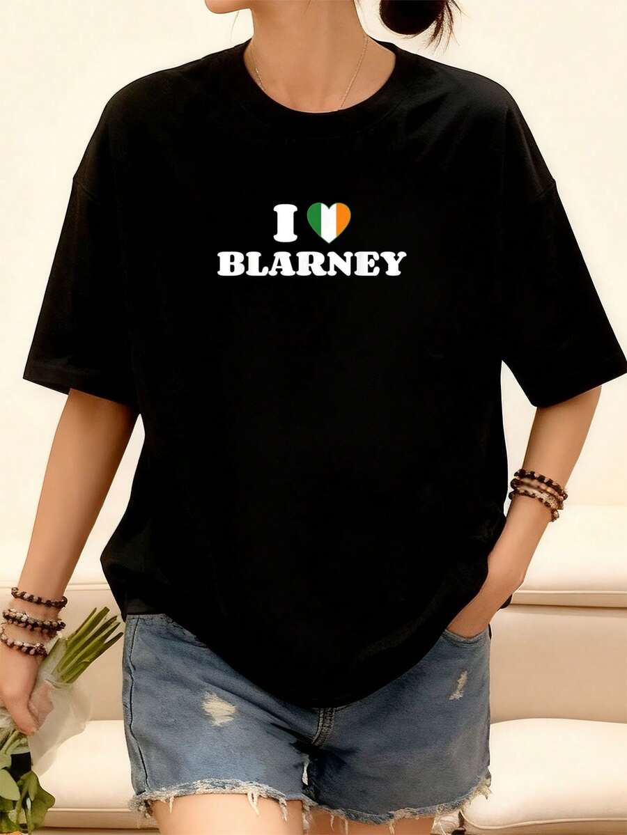 I Love Blarney T-Shirt With Irish Flag, Irish Heart, St. Patrick's Day Graphic Tees, Women's Crop Tops, Summer Outfits For Women, Summer Tops Y3IC - 黑色 - 查看 1