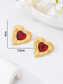 1 Pair/2pcs Fashionable Exaggerated Mini Retro Striped Heart Rhinestone Inlaid Stud Earrings For Women, Suitable For Evening Gala, Vacation, Birthday Party, Gift For Loved Ones - Red - View 4