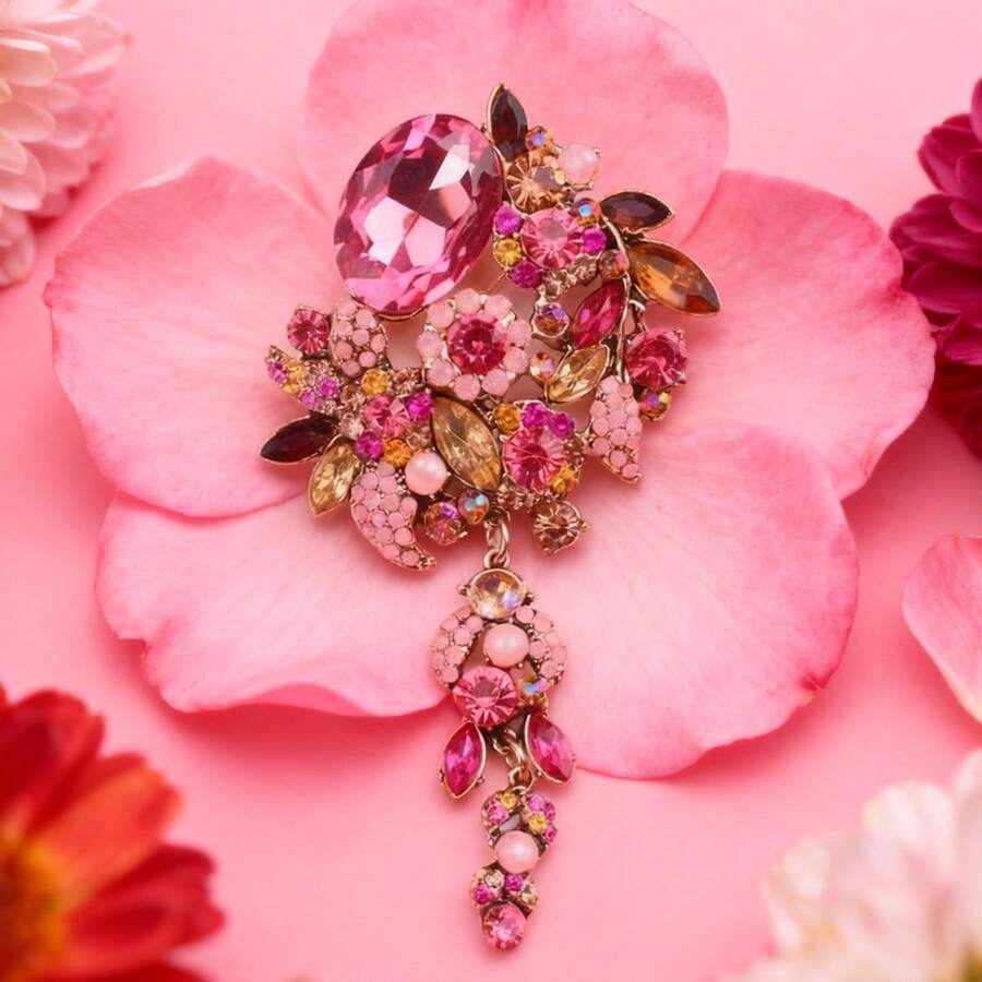Flower-Grade Linked Brooch - Fibonacci Gemstone Matrix And Pink Gemstone Core With Dopamine Drip Luxury - A - View 1