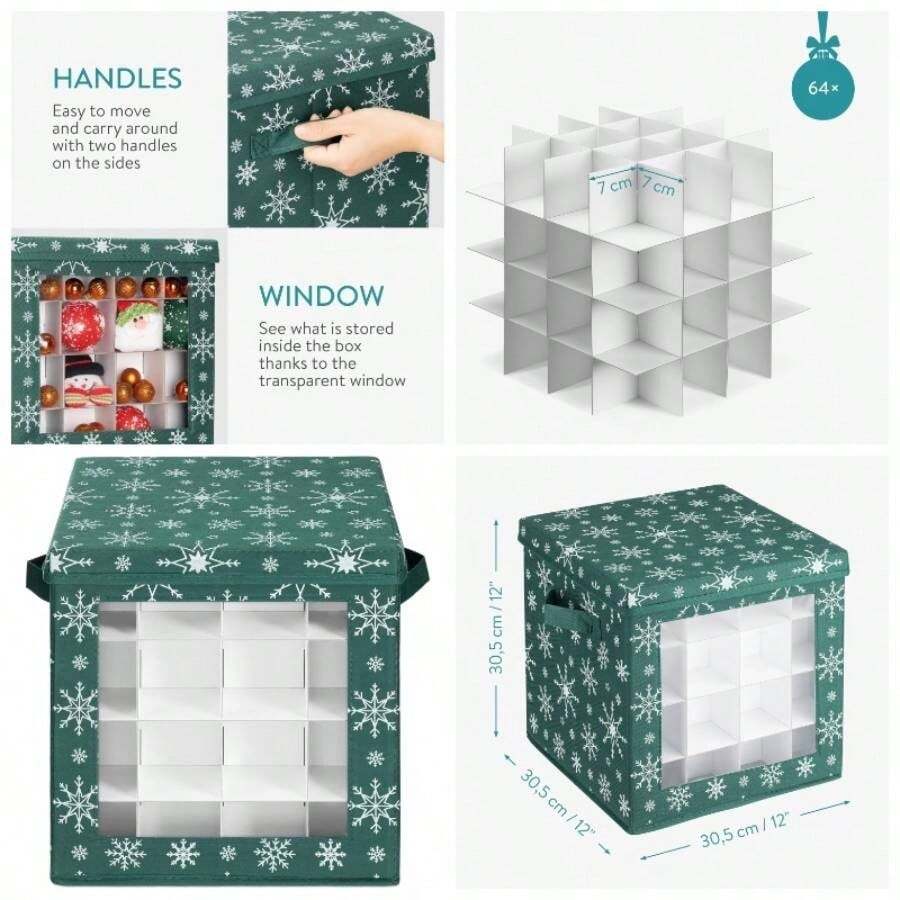 Caja para guardar adornos de navidad - Almacenaje de 64x bolas de rbol y adorno festivo - Organizador con tapa para decoracin - 30, 5 - Diseño 2 - Ver 1