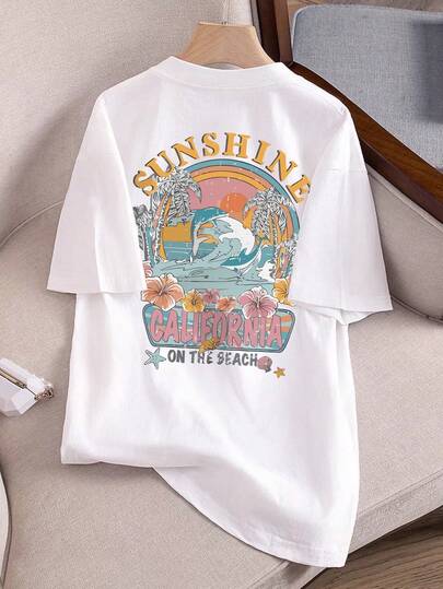 Girls' Retro American Beach Resort Style Round Neck T-Shirt, Decorated With Beach Palm Tree, Wave And Hibiscus Flower Pattern, Casual New Summer Top