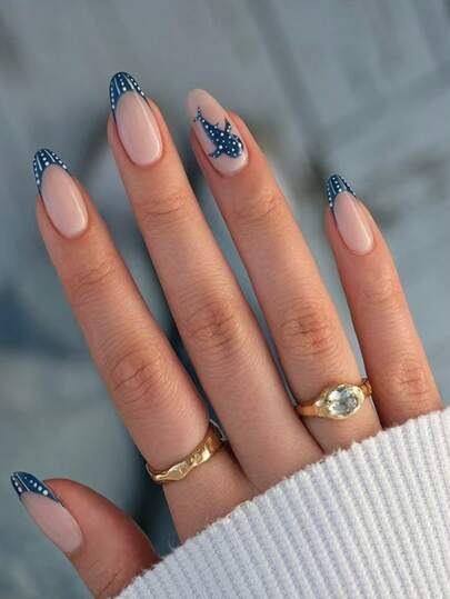 24pcs Almond-Shaped French Blue Polka Dot Dolphin Full Cover Press-On Nails, Nail Art Kit Includes 1pc Jelly Gel And 1pc Nail File, Suitable For All Women And Girls For Daily Wear And Festive Occasions Nail Supplies