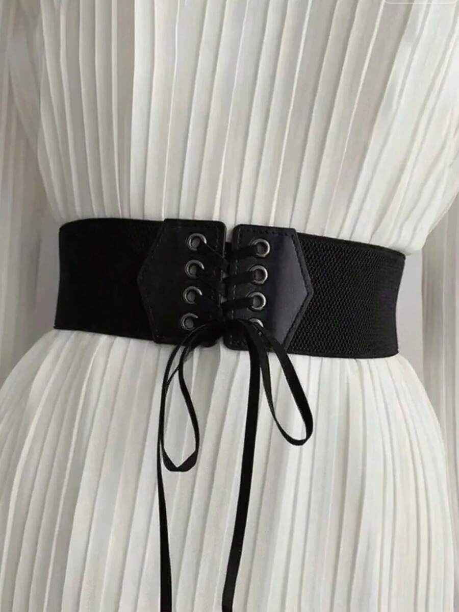 1pc Women's Fashion Minimalist Versatile Decorative Elastic Waist Casual/Formal Dress, Suitable For Commute, Date, Party And Other Occasions - Black - View 1