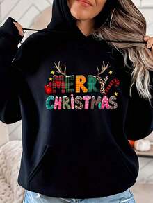 Christmas Hoodie Gray Merry Christmas Reindeer Antlers Plaid Candy Cane Ornament Print Women's Casual Holiday Sweatshirt Winter Outfit - 黑色 - 查看 2